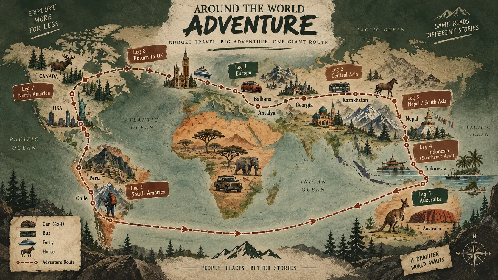 Around the World adventure map showing all planned legs from the UK across Europe, Central Asia, Nepal, Indonesia, Japan and China, Australia, the Americas and back to the UK