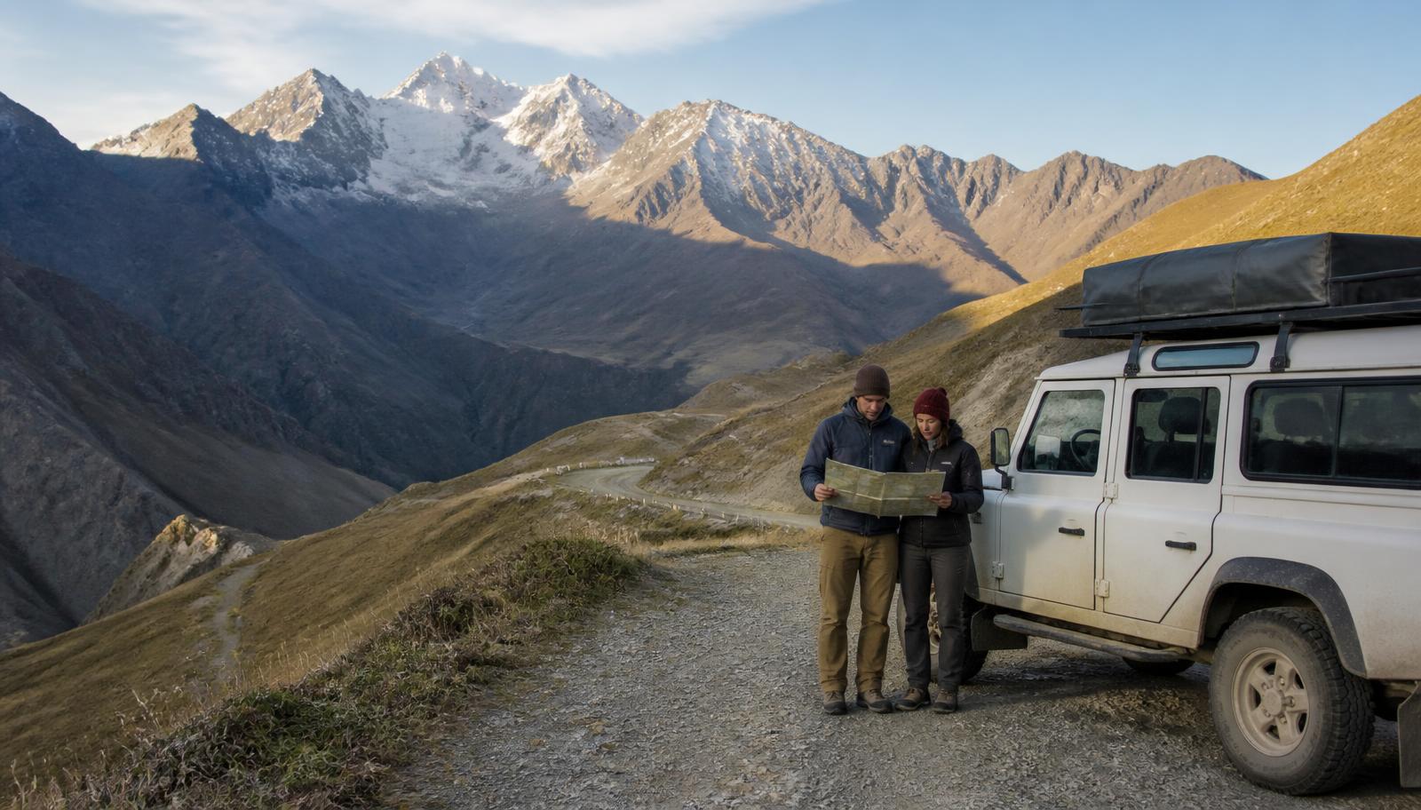 Two expedition travellers reading a map beside an overland vehicle in the mountains